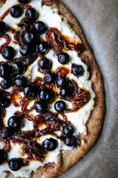 Sophisticated Blueberry, Goat & Ricotta Cheese Pizza with caramelized onions