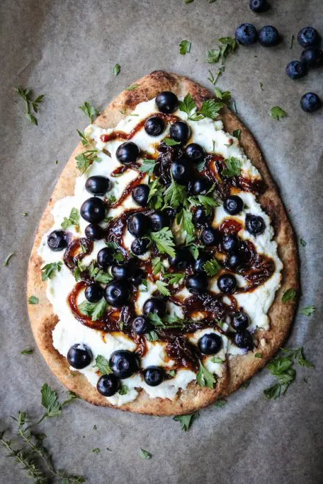 Sophisticated Blueberry, Goat & Ricotta Cheese pizza with caramelized onions