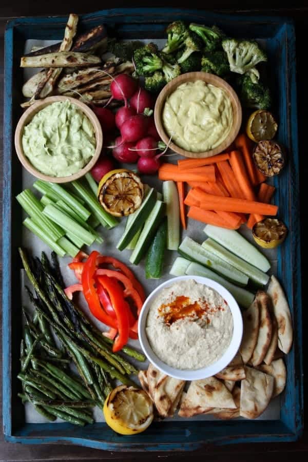 Grilled and non grilled veggies with flavorful dips