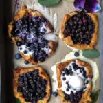 Four mini blueberry tarts with vanilla ice cream