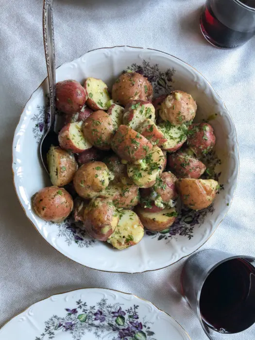 Bowl of chilled potato salad with dijon dressing
