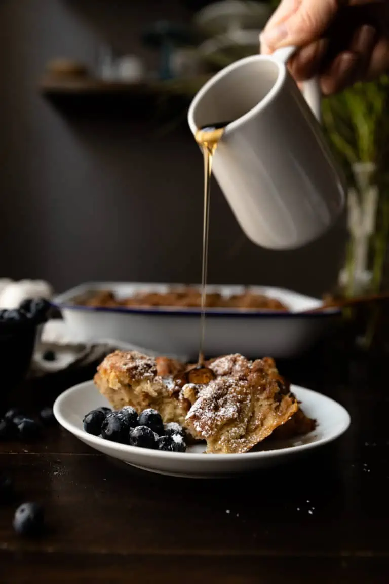 Syrup pouring on top of french toast