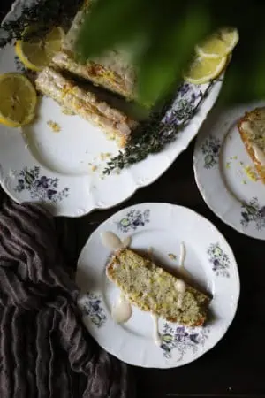 Two slices of lemon loaf on a plate